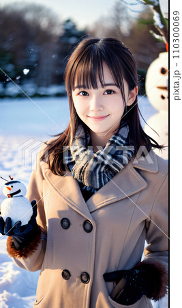 AI画像　雪景色の中で雪だるまと笑顔の若い女性 110300069