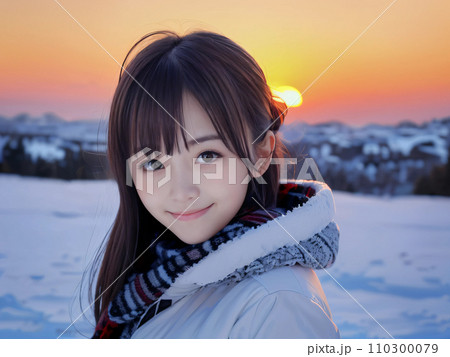 AI画像　雪景色の夕暮れに笑顔を見せる若い女性 110300079