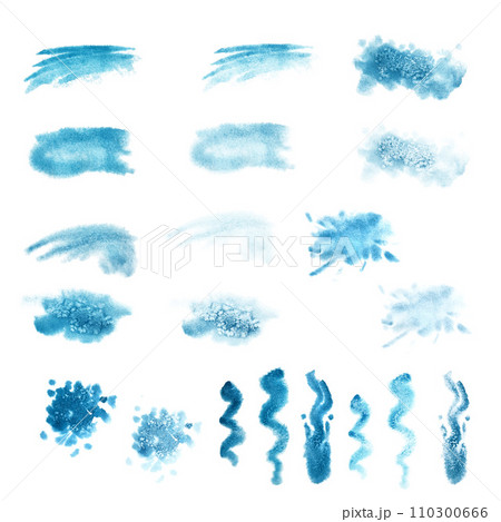 Watercolor blue spots, splashes for the image of the sea, waves, sky, clouds, fog, background, abstract seascapes with texture. Illustrations are isolated on a white background Watercolor blue spots, splashes for the image of the sea, waves, sky, clouds, fog, background, abstract seascapes with texture. Illustrations are isolated on a white background 110300666