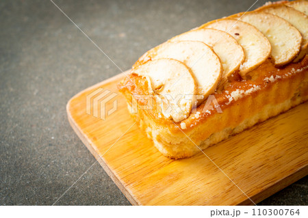 apple loaf crumbled on wood board apple loaf crumbled on wood board 110300764