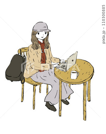 女の子　冬　仕事　カフェ　パソコン 110300885