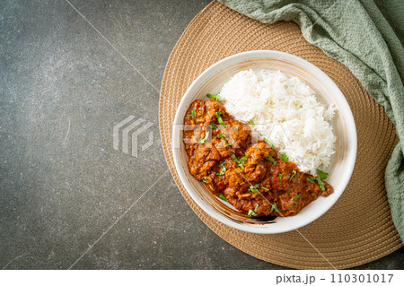 chicken tikka masala with rice on plate 110301017