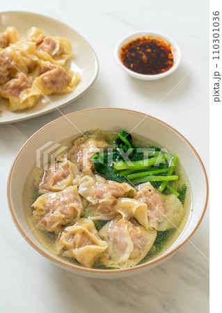pork wonton soup or pork dumplings soup with vegetable pork wonton soup or pork dumplings soup with vegetable 110301036
