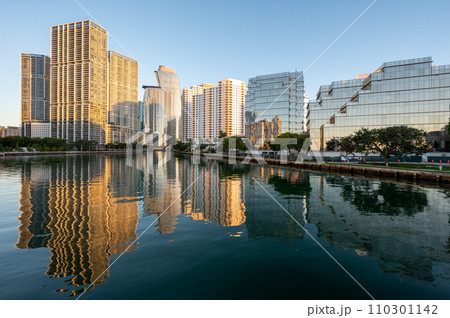 City of Miami, Florida skyline reflected in Biscayne Bay at sunrise. 110301142