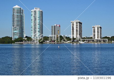Residential waterfront towers in Miami, Florida reflected on Biscayne Bay. Residential waterfront towers in Miami, Florida reflected on Biscayne Bay. 110301196