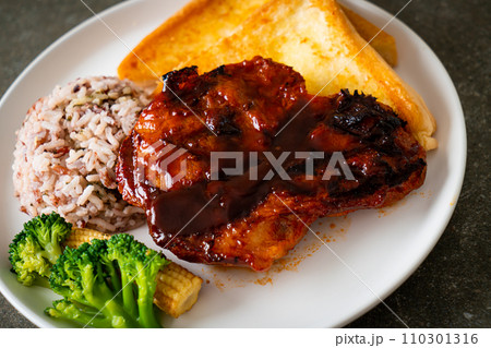 barbecue pork steak with rice berry barbecue pork steak with rice berry 110301316