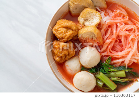 small flat rice noodles with fish balls and shrimp balls in pink soup, Yen Ta Four or Yen Ta Fo 110303117