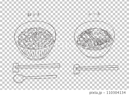 Hand-drawn illustrations of oyakodon and katsudon (monochrome) 110304134