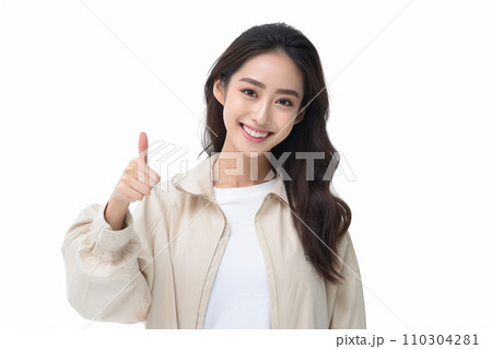 笑顔でイイねをする女性（私服） 110304281