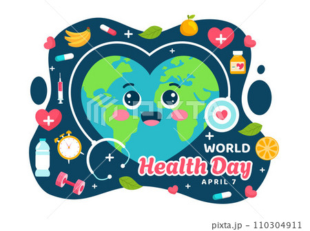 World Health Day Vector Illustration on April 7th with Earth and Medical Equipment for the Importance of Healthy and Lifestyle in Cartoon Background World Health Day Vector Illustration on April 7th with Earth and Medical Equipment for the Importance of Healthy and Lifestyle in Cartoon Background 110304911