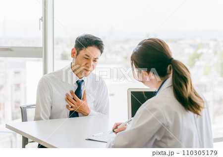 胸の痛みを医師に訴える中年男性（心臓病・不整脈・息切れ・動悸） 110305179