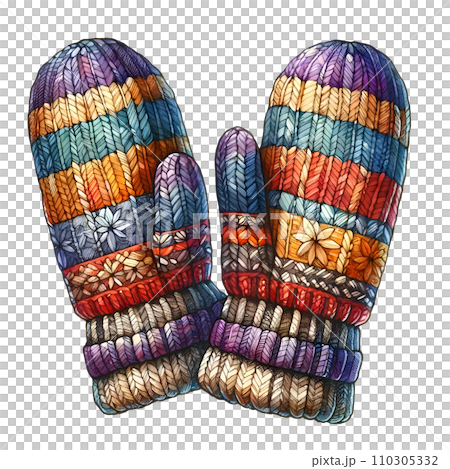 Colorful knitted mittens, winter accessories, watercolor illustration 110305332