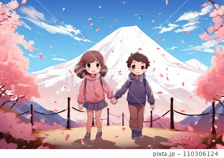 Anime Couple Boy & Girl ith Sakura Fuji Mountain Serene, Romantic Illustration 110306124