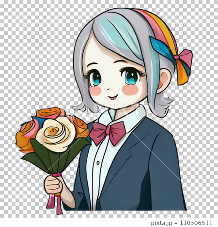 High school girl holding a bouquet of flowers for her graduation ceremony 110306511
