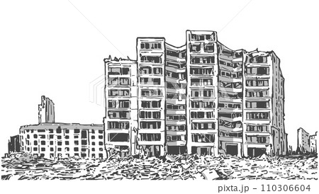 Illustration of damaged apartment block in black and white 110306604