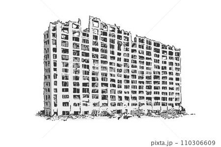 Illustration of damaged apartment block in black and white Illustration of damaged apartment block in black and white 110306609