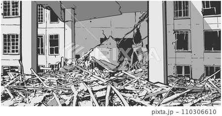 Illustration of damaged building in black and white 110306610