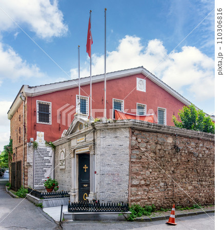Red facade of the Autocephalous Turkish Orthodox Patriarchate in Istanbul, Turkey 110306816