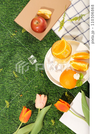 A dish of orange slices and cup of juice, notebooks and flowers displayed on checkered fabric on green grass background. Copy space for add text. Happy picnic day A dish of orange slices and cup of juice, notebooks and flowers displayed on checkered fabric on green grass background. Copy space for add text. Happy picnic day 110306868