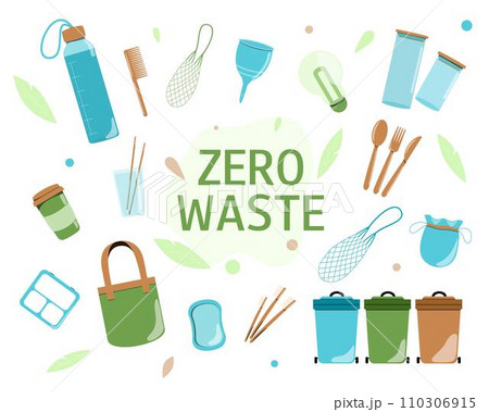 Zero waste concept. Collection of durable and reusable items or products. Eco lifestyle. Flat vector illustration. 110306915