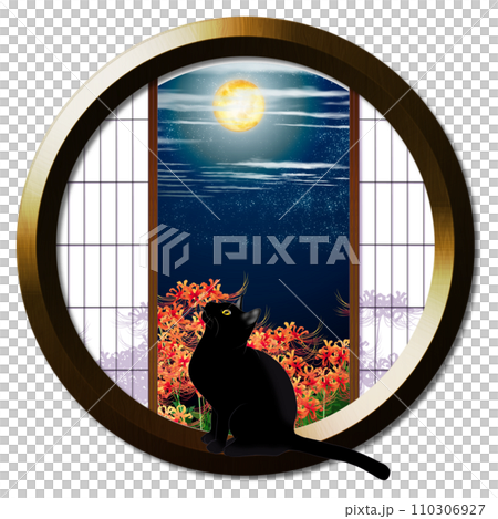 紅蜘蛛百合和一隻貓從圓窗看月亮 110306927