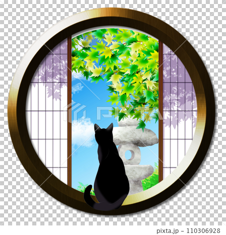 從圓窗可見秋葉和貓 110306928