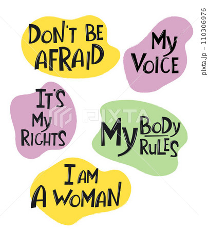 Set of feminist stickers with motivation quotes. Female power and solidarity, women rights slang words for card, poster or flyer. Set of feminist stickers with motivation quotes. Female power and solidarity, women rights slang words for card, poster or flyer. 110306976