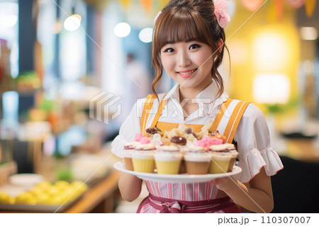 カフェでデザートを運ぶ若い女性店員:AI生成画像 カフェでデザートを運ぶ若い女性店員:AI生成画像 110307007