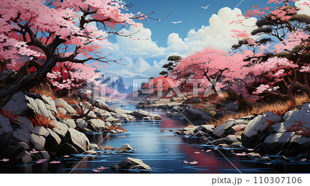 桃源郷：桃・梅・桜の花が咲き乱れる里