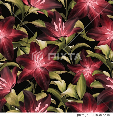 Beautiful seamless pattern with dark red lily flowers on black background 110307240