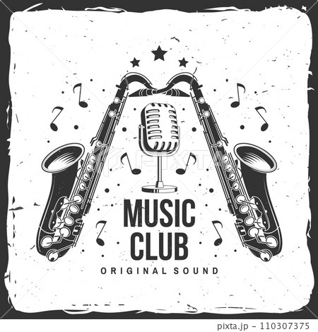 Music club, retro music poster, banner. Retro saxophone with microphone vintage typography design for t shirt, emblem, logo, badge design. Vector illustration 110307375