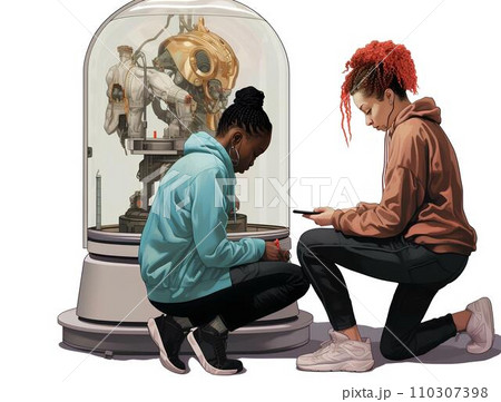 Illustration of a girl sitting on a bench next to a robot Illustration of a girl sitting on a bench next to a robot 110307398