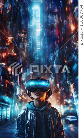 Digital illustration of a boy wearing VR glasses. The background is a blurry city with blue lights. It refers to the use of VR technology to create new experiences in learning or playing games. 110307704
