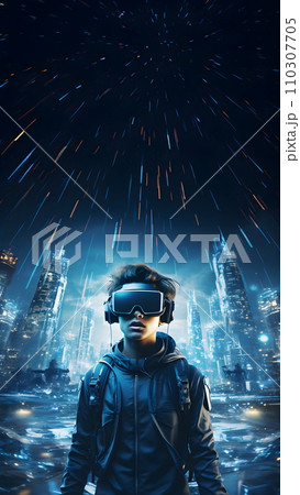 Digital illustration of a boy wearing VR glasses. The background is a blurry city with blue lights. It refers to the use of VR technology to create new experiences in learning or playing games. 110307705