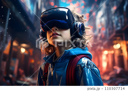 Digital illustration of a boy wearing VR glasses. The background is a blurry city with blue lights. It refers to the use of VR technology to create new experiences in learning or playing games. 110307714