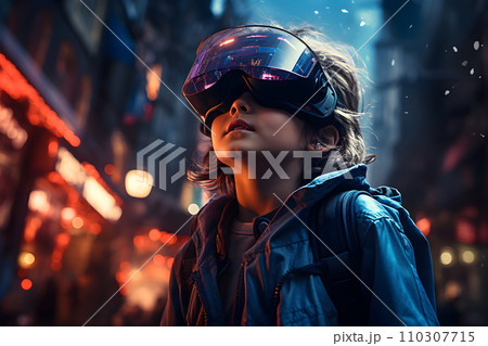 Digital illustration of a boy wearing VR glasses. The background is a blurry city with blue lights. It refers to the use of VR technology to create new experiences in learning or playing games. 110307715