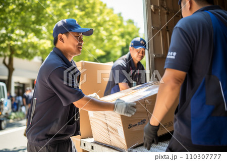 トラックに荷物を積み込む引っ越し業者：AI生成画像 110307777