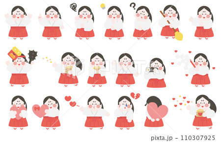 巫女の服を着たおかめさんの2月イベントイラストセット 110307925