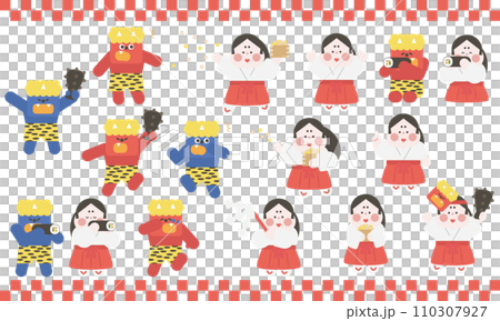 節分の鬼とおかめさんのかわいいキャラクターセット 節分の鬼とおかめさんのかわいいキャラクターセット 110307927