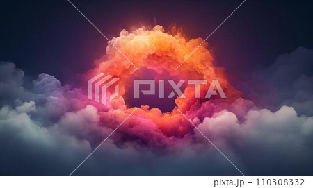 Fantasy landscape with a big explosion in the sky. Collage. 110308332