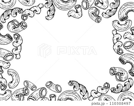 Hand drawn vector ink illustration. Types of pasta Italian cuisine, elbows penne rigatoni cavatappi spirals. Horizontal frame isolated on white. Restaurant, menu, food shop and package, flyer, print. 110308497