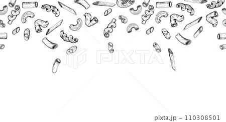 Hand drawn vector ink illustration. Types of pasta Italian cuisine, elbows penne rigatoni cavatappi spirals. Seamless banner isolated on white. Restaurant, menu, food shop and package, flyer, print. 110308501