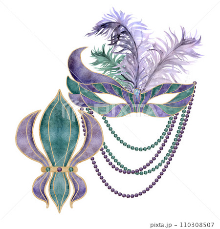 Hand drawn watercolor Mardi Gras carnival symbols. Theater masquerade mask feathers, fleur de lis French lily iris beads. Composition isolated on white background. Design party invitation, print, shop 110308507