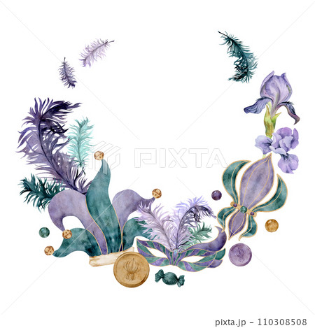 Hand drawn watercolor Mardi Gras carnival symbols. Jester hat beads domino mask feathers fleur de lis coins candy iris. Wreath frame isolated on white background. Design party invitation, print, shop Hand drawn watercolor Mardi Gras carnival symbols. Jester hat beads domino mask feathers fleur de lis coins candy iris. Wreath frame isolated on white background. Design party invitation, print, shop 110308508
