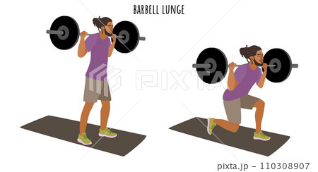 Young man doing barbell lunge exercise Young man doing barbell lunge exercise 110308907