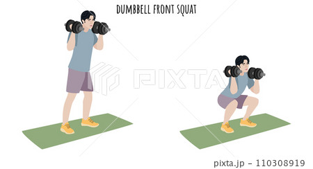 Asian young man doing dumbbell front squat Asian young man doing dumbbell front squat 110308919