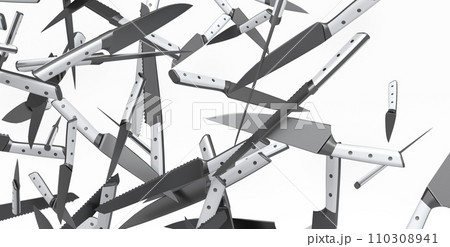 Many of flying chef's kitchen knives on white background Many of flying chef's kitchen knives on white background 110308941