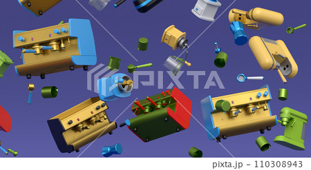 Many of flying espresso machine with horn, cups, geyser coffee maker and grinder 110308943