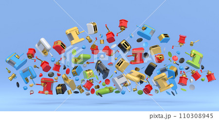 Many of flying espresso machine with horn, cups, geyser coffee maker and grinder 110308945