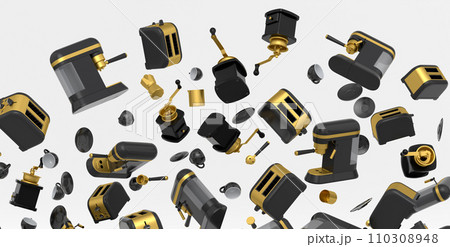 Many of flying espresso machine with horn, cups, geyser coffee maker and grinder 110308948